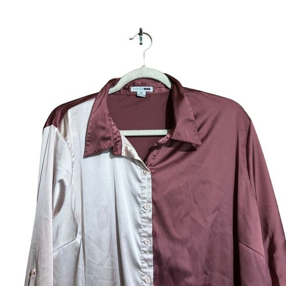 Fashion Nova Shirt Womens 2XL Multicolor Color Block Button Up Top Sateen Blouse - Picture 2 of 8